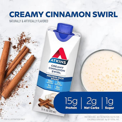 Atkins Creamy Cinnamon Swirl Protein Shake, 15g Protein, Low Glycemic, 2g Net Carb, 1g Sugar, Keto Friendly, 12 Count - Pr...