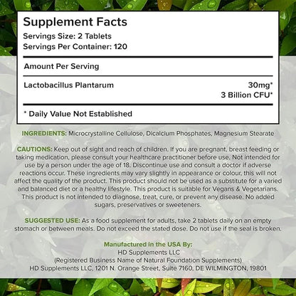 Lactobacillus Plantarum Probiotic Supplement 240 Tablets 3 Billion (240, Lactobacillus