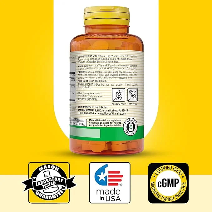 MASON NATURAL Vitamin K2 + D3, 300-Day Supply, with Calcium for Normal Bone and Muscle Support, 100 Tablets (Pack of 3) - ...