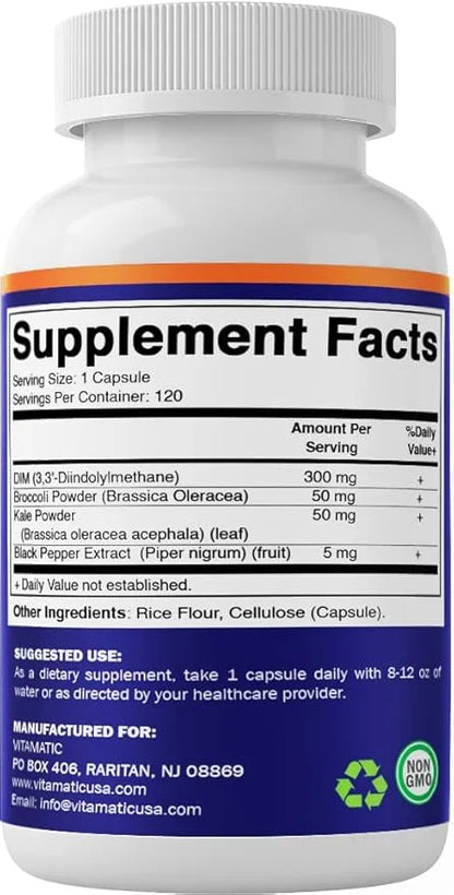Vitamatic DIM Supplement Complex for Women & Men - 300mg - 120 Veg Capsules - Made with Black Pepper, Broccoli Powder & Ka...