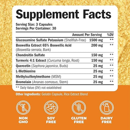 Glucosamine Chondroitin MSM and Turmeric Supplement 1500 mg. 90 Capsules