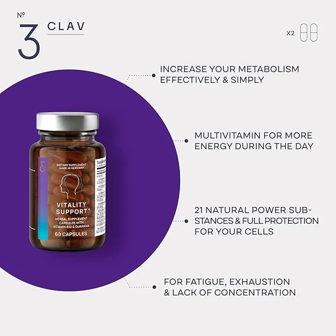CLAV® N°3 Vitality Support - Vegan Multivitamin - Energy & Focus Supplement - Vitamin B Complex - Guarana, Ginseng, Ginkgo...