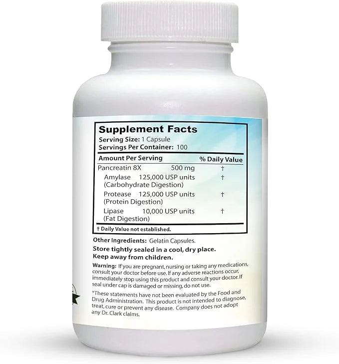 Dr. Clark Pancreatin 8X Enzyme Supplement 500mg 100 Gelatin