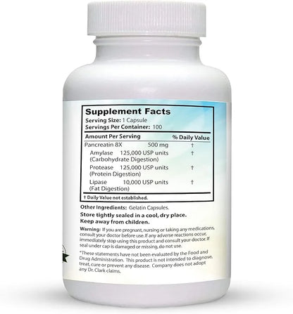 Dr. Clark Pancreatin 8X Enzyme Supplement 500mg 100 Gelatin