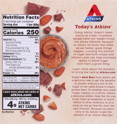 Atkins Chocolate Almond Butter Protein Meal Bar, Keto Friendly, 5 Count - Product Image