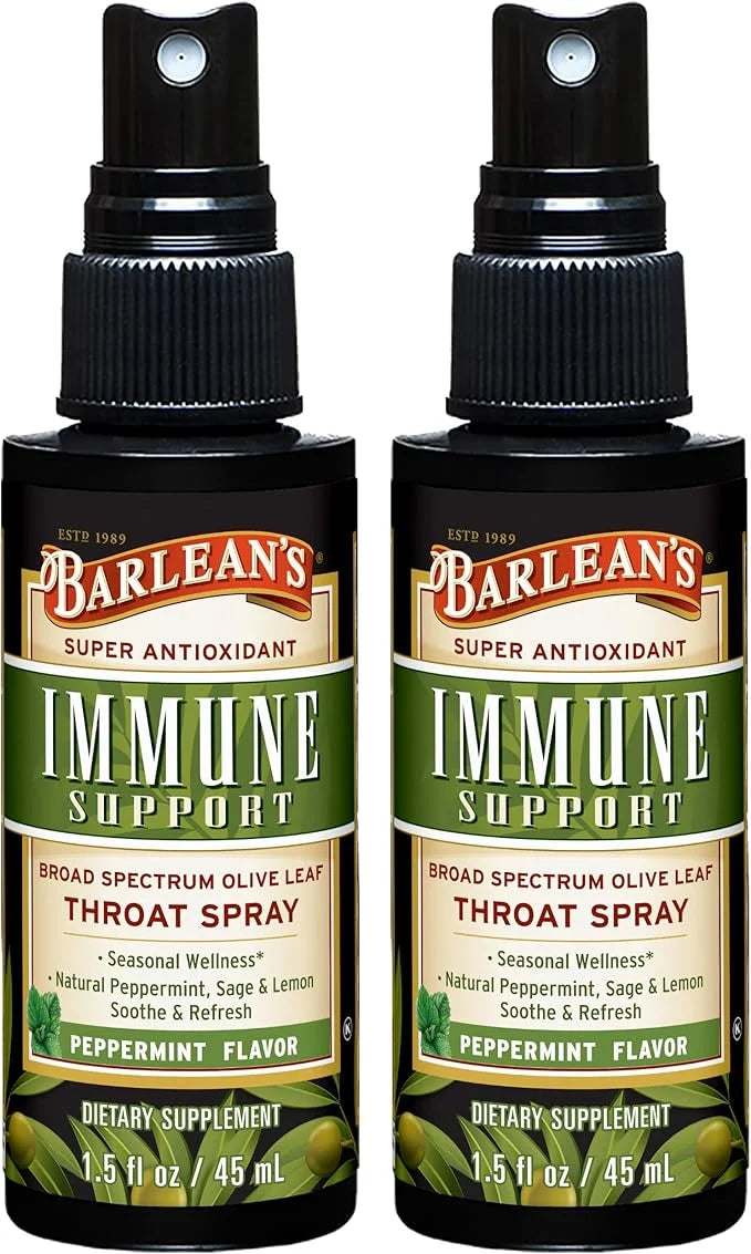 Barlean's 2 Pack Olive Leaf Complex Throat Spray with Peppermint, Lemon, and Sage for Itchy Throat Relief, Immune Support ...
