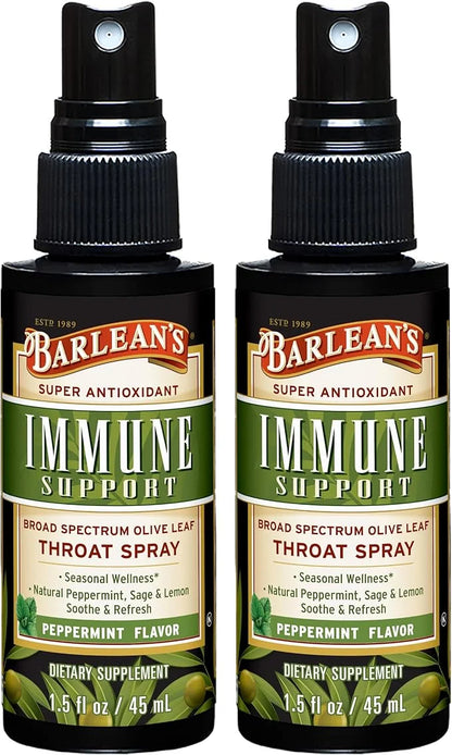 Barlean's 2 Pack Olive Leaf Complex Throat Spray with Peppermint, Lemon, and Sage for Itchy Throat Relief, Immune Support ...