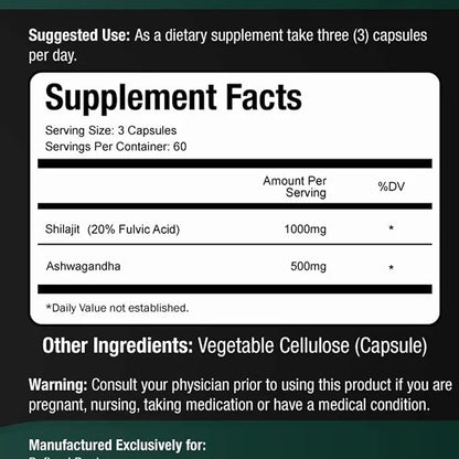 Shilajit Supplement 1000mg & Ashwagandha Supplements 500mg (180 (180 Capsules) (20% Fulvic
