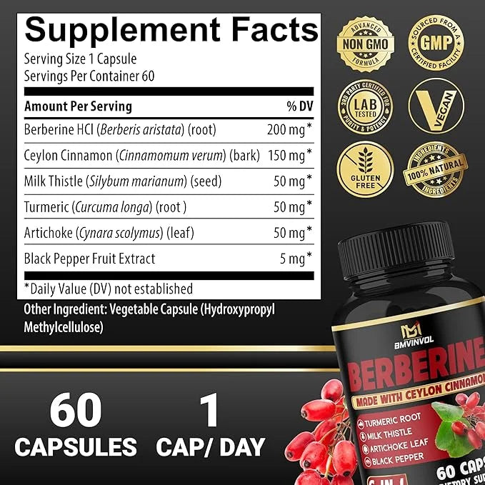 Berberine with Ceylon Cinnamon, Turmeric, Milk Thistle, Artichoke, Black Pepper - 60 Count - Pack of 1 - Product Image