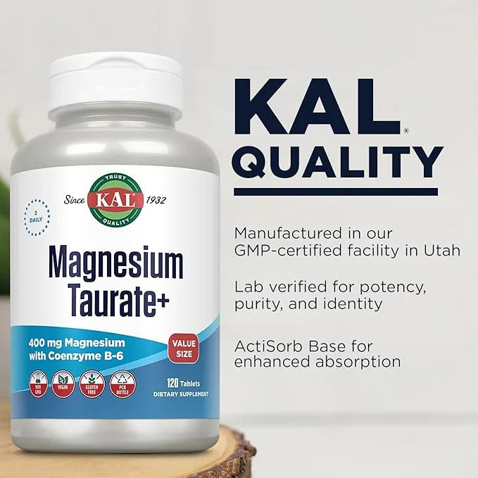 KAL Magnesium Taurate 400mg Plus Vitamin B6, Chelated 60-Day Guarantee, 60 Serv, 120 Tabs