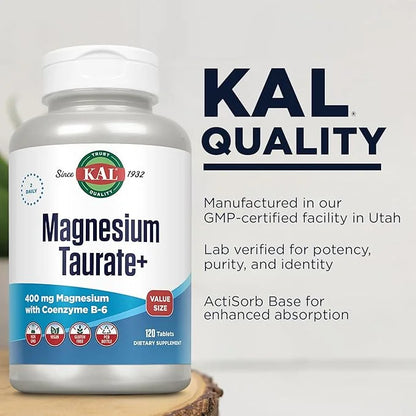 KAL Magnesium Taurate 400mg Plus Vitamin B6, Chelated 60-Day Guarantee, 60 Serv, 120 Tabs