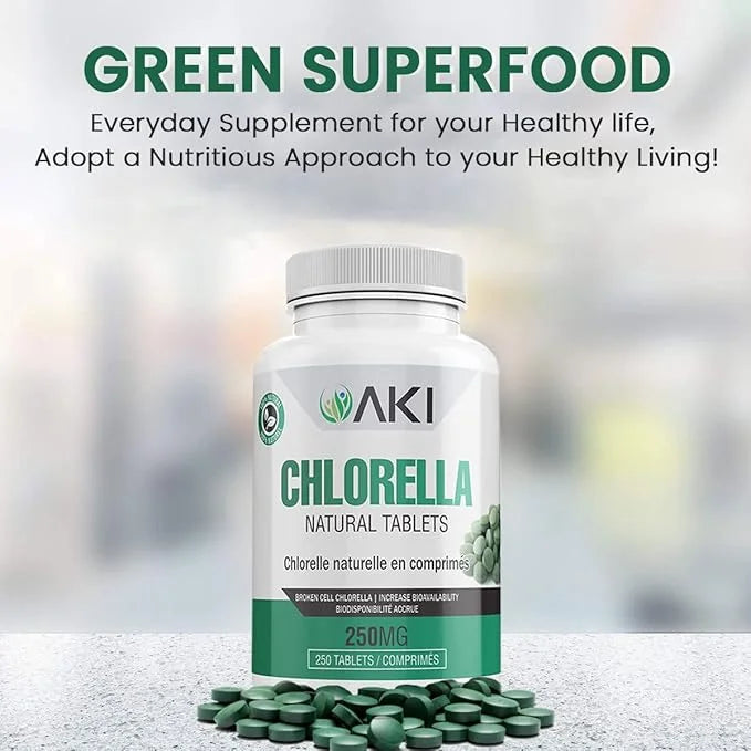 AKI Chlorella Superfood Supplement Tablets (250) B12, Iron,