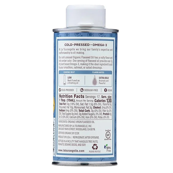 La Tourangelle, Organic Flaxseed Oil, Essential Omega-3 to Improve Heart Health, Vegan, Non-GMO, Gluten-Free, Kosher, Cast...