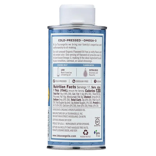 La Tourangelle, Organic Flaxseed Oil, Essential Omega-3 to Improve Heart Health, Vegan, Non-GMO, Gluten-Free, Kosher, Cast...
