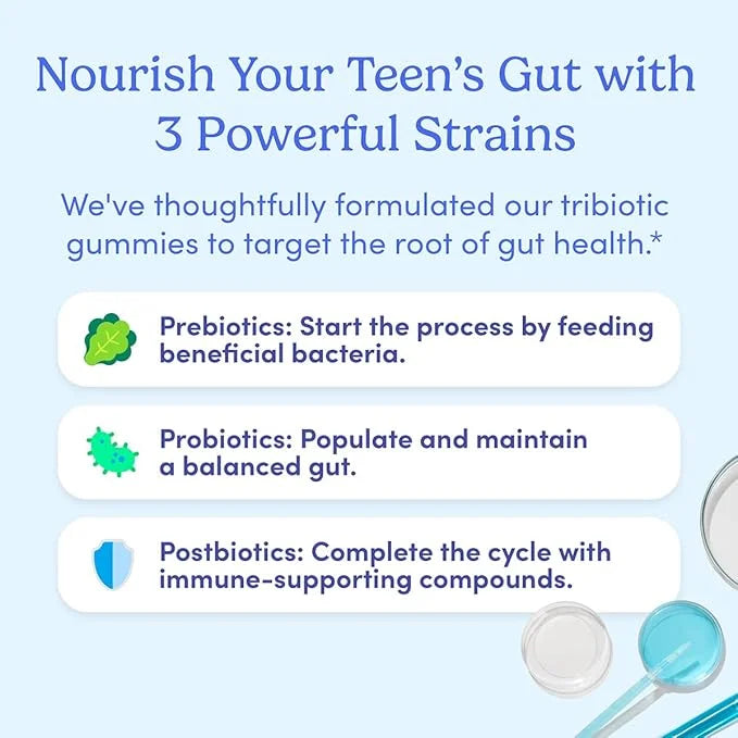 FIRST DAY Teens’ Gut Sustainer Tribiotic Gummies – 3-in-1 Prebiotic, Probiotic & Postbiotic Supplement – Supports Digestiv...