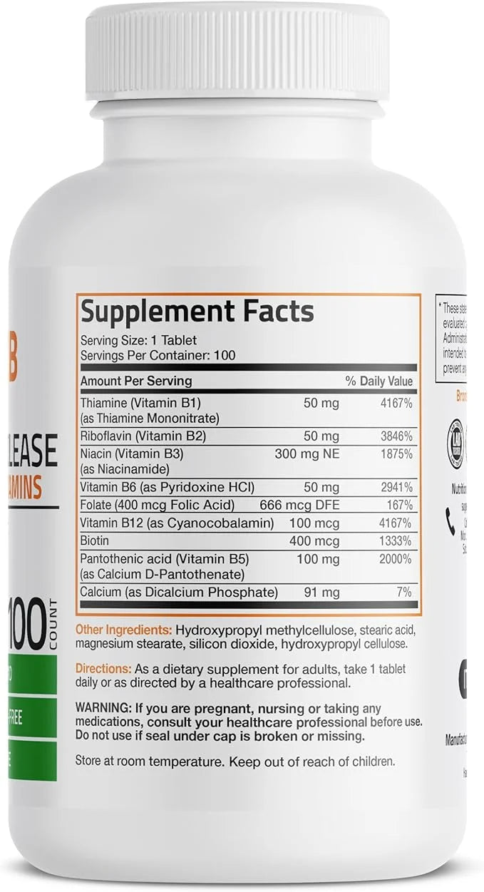 Bronson Super B Vitamin B Complex B1, B2, B2, B3, B3, B6, B6, B9 B9 - B12) Contains 100 Tablets