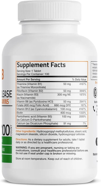 Bronson Super B Vitamin B Complex B1, B2, B2, B3, B3, B6, B6, B9 B9 - B12) Contains 100 Tablets