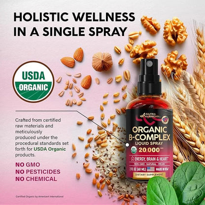 USDA Organic Vitamin B-Complex Liquid Spray 8-in-1 B5 Pantothenic B12 Methylcobalamin B1 Thiamine B6 Pyridoxine B7 Biotin ...
