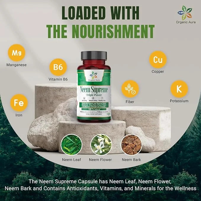 Organic Aura Neem Supreme Capsules. 150 Veg Capsules. Triple Complex - Max Strength Pure High-Potency Azadirachta Indica C...
