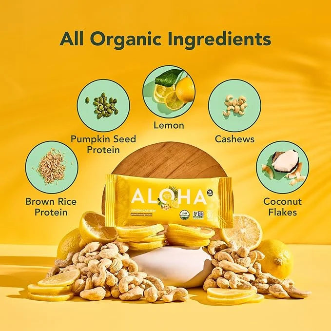 ALOHA Organic Plant Based Protein Bars - Lemon Cashew - 12-Count - Vegan, Low Sugar, Gluten-Free, Paleo, Low Carb, Non-GMO...