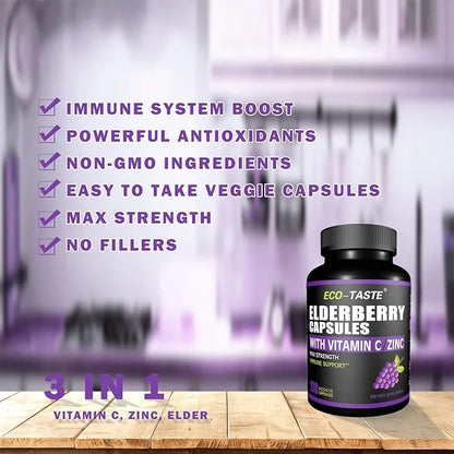 ECO-TASTE Elderberry Capsules with Zinc & 120 Capsules,