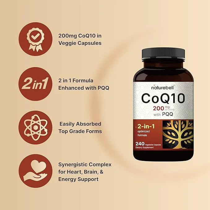 NatureBell CoQ10 (Ubiquinone) 200mg with PQQ, 240 Veggie Q10 Supplement