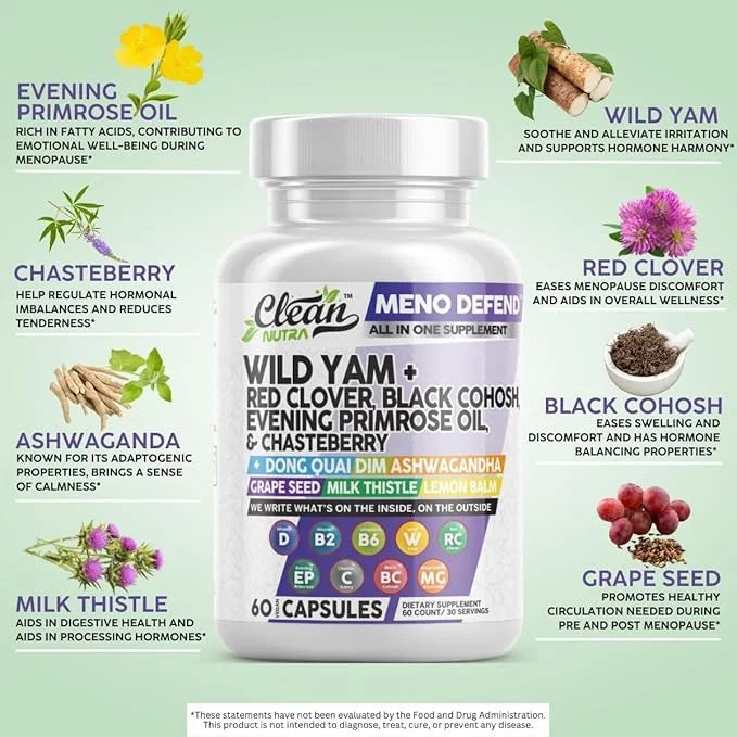 Clean Nutra Wild Yam Root Capsules with Red Clover Black Cohosh Evening Primrose Oil Chasteberry Dong Quai DIM Ashwagandha...