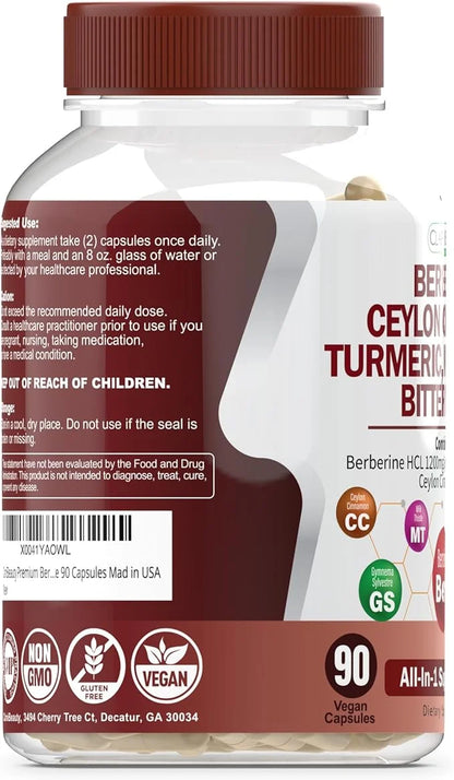 ClarinBeauty Premium Berberine 1200mg Ceylon Cinnamon 100mg Tumeric 50mg Milk 50mg Bitter 50mg Artichoke 50mg with 90 Caps...