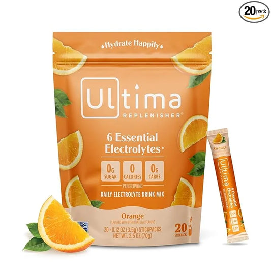 Ultima Replenisher Daily Electrolyte Powder Drink Mix – Orange, 20 Stickpacks – Hydration Packets with 6 Key Electrolytes ...