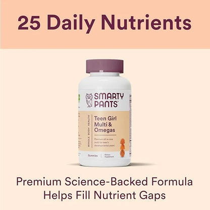 SmartyPants Teen Girl Multivitamin Gummies: Omega 3 Fish D3, C, B12, B6, B6, Vitamin 90 Count (22 Day
