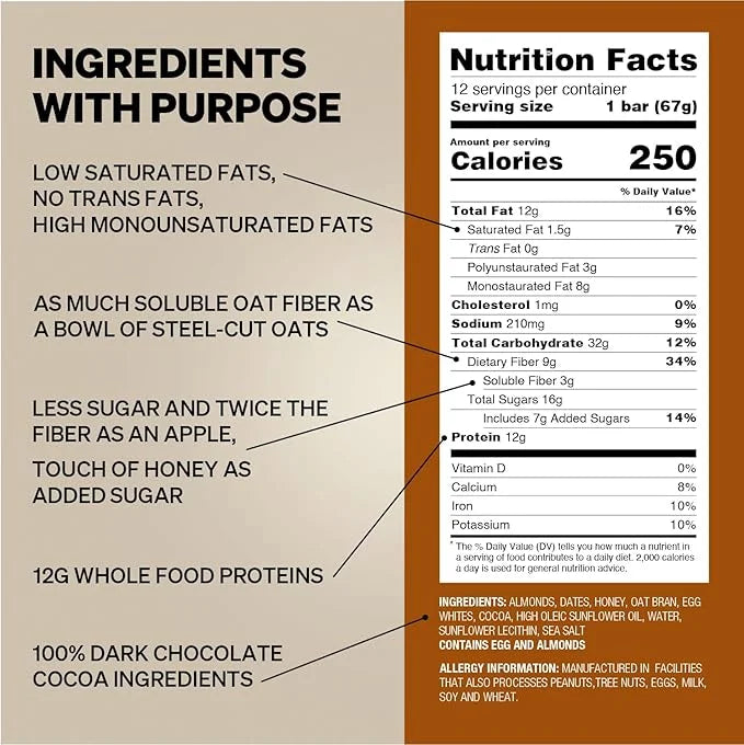 Obi Bar Chocolate - Protein and Oat Fiber Bar | All Natural | Subtle and Lightly Sweet Taste | Meal Bar | Heart and Gut He...
