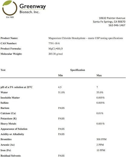 Greenway Biotech Organic Magnesium Chloride USP Supplement 100% Edible Cloruro de Magnesio Comestible Powder (Pharmaceutic...