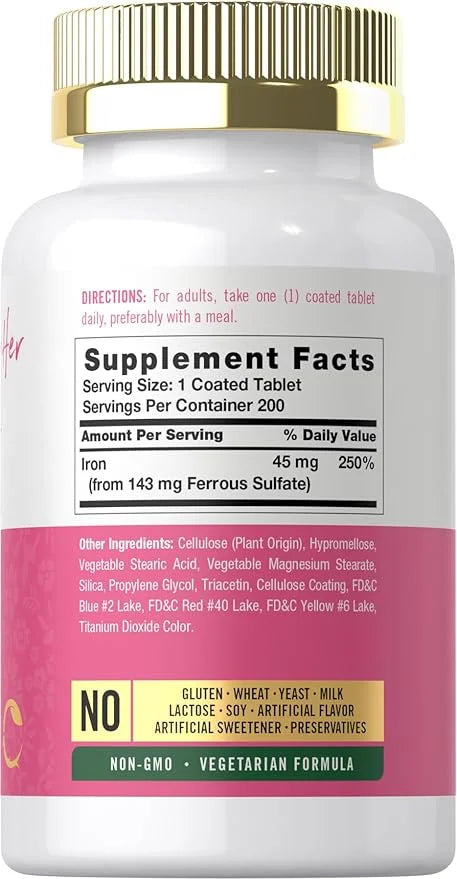 Carlyle Iron Supplement for Women | 45mg | 200 Slow Release Tablets | Vegetarian, Non-GMO, Gluten Free Pills | for Her - P...