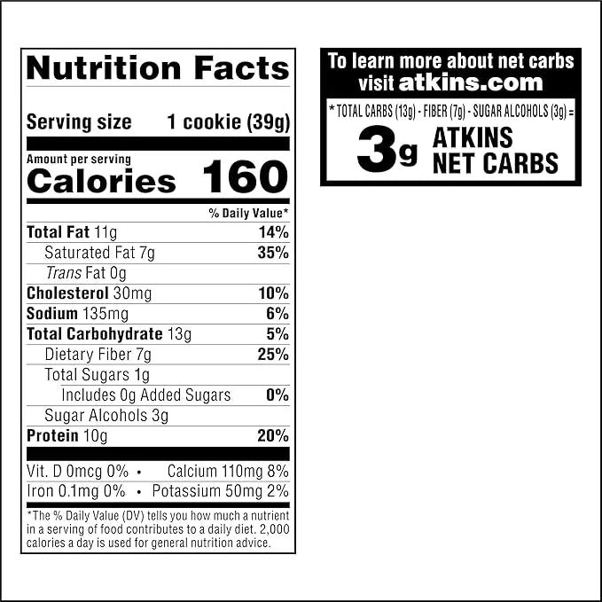 Atkins Chocolate Chip Protein Cookie, Protein Dessert, Rich in Fiber, 3g Net Carb, 1g Sugar, Keto Friendly, 4 Count - Prod...