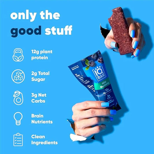 IQBAR Brain and Body Plant Protein Bars - Wild Blueberry - 36-Count Low Carb - Gluten Free, High Fiber, Vegan Snacks - Low...