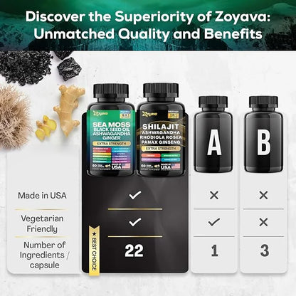 Zoyava Dynamic Vitality Bundle, Sea Moss 7000mg, Black 4000mg, Ashwagandha 2000mg, Ginger 9000mg, Rhodiola 1000mg, Panax (...