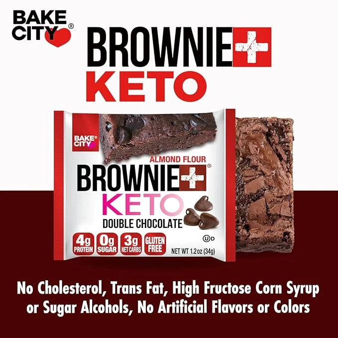 Bake City Brownie+ Keto | 1.2oz Brownie (12 pack), Gluten Free, 0g Sugar, Only 3g Net Carbs, Good Fats, 4g Protein, Kosher...