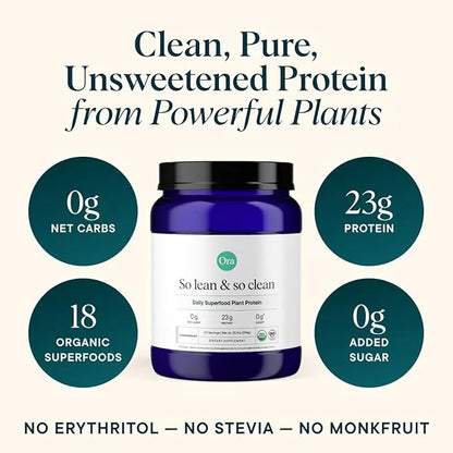 Ora Organic Vegan Protein Powder - 23g Plant Based Pea Protein + Superfood for Women and Men - Unsweetened 20 Servings, No...