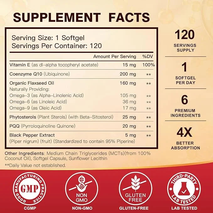 CoQ10 200mg Softgels with Vitamin E 3-6 -9 -9 & Q10 with 120 Servings