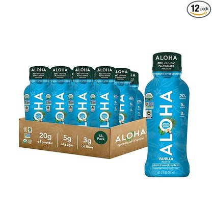 ALOHA Organic Plant Based Vanilla Ready to Drink Protein Shake w/MCT Oil (12 ct, 12oz Bottle) 20g Protein, Meal Replacemen...