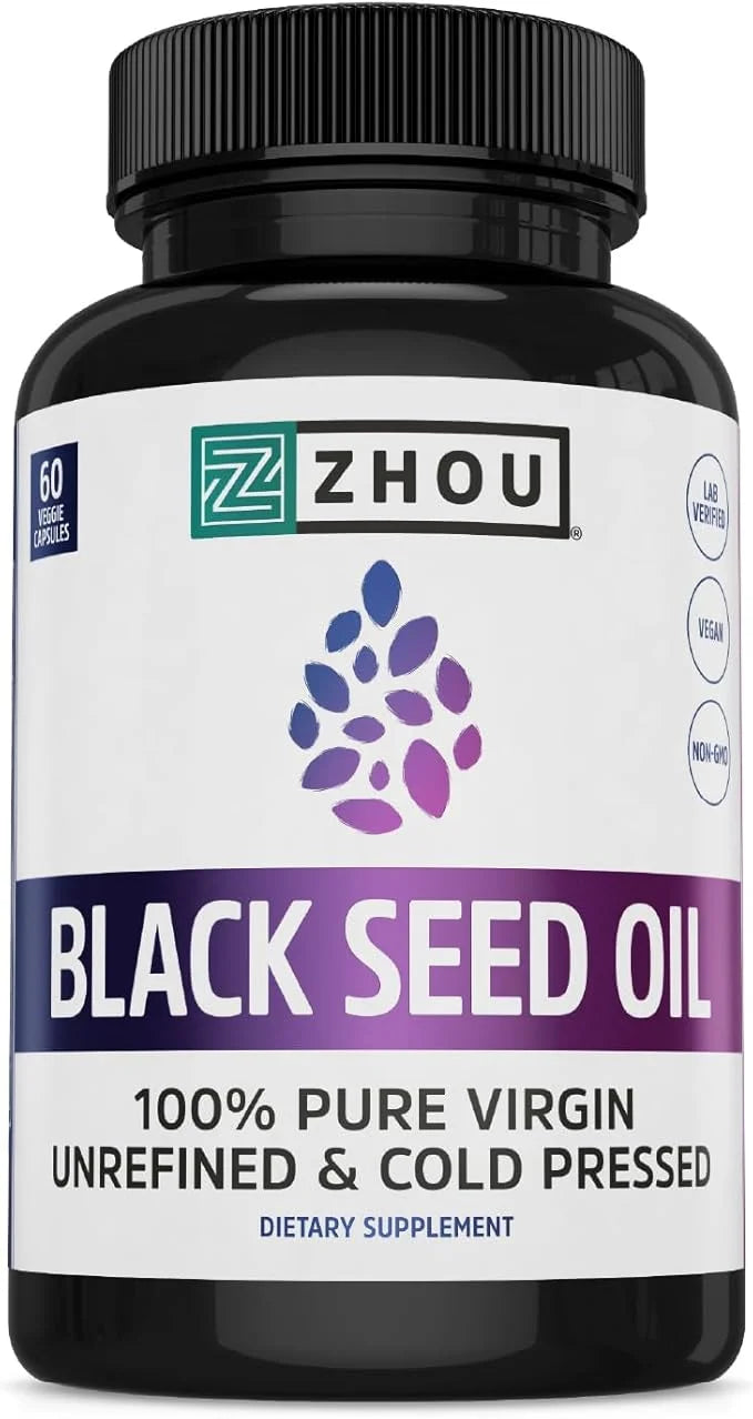 Zhou Nutrition Black Seed Oil Capsules, 100% Virgin, Cold Pressed Source of Omega 3 6 9, Super Antioxidant for Immune Supp...