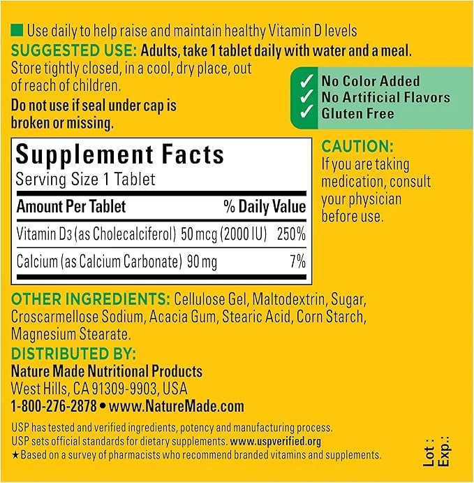 Nature Made Vitamin D3 2000 IU (50 mcg), 100 Tablets, 100 Day