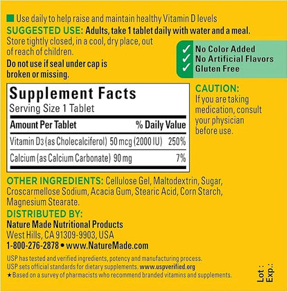 Nature Made Vitamin D3 2000 IU (50 mcg), 100 Tablets, 100 Day