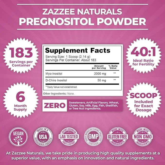 Zazzee PREGNOSITOL Powder, 6 Month Supply, Myo-Inositol and D-Chiro-Inositol 40:1 Fertility Blend, Free Scoop for Exact Do...