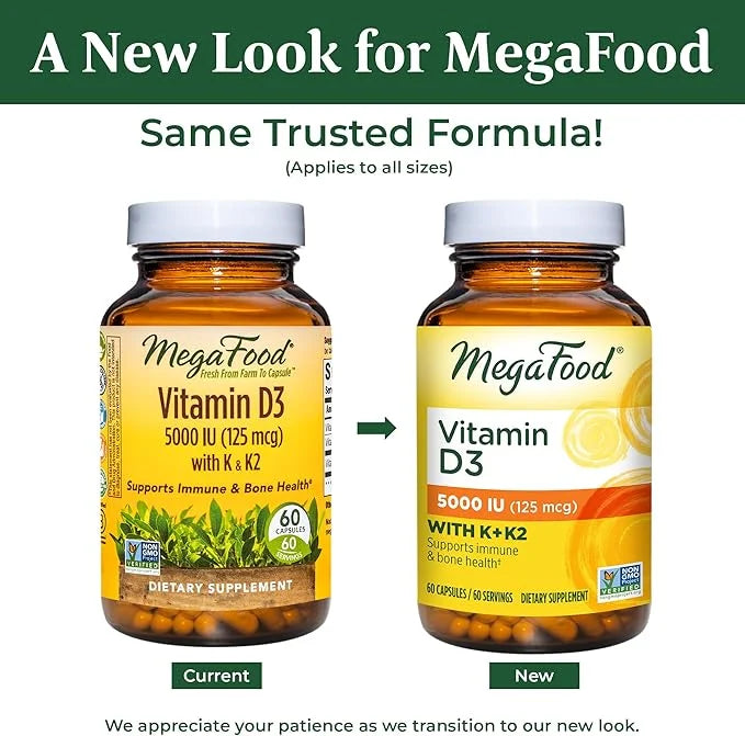 MegaFood Vitamin D3 5000 IU (125 mcg) D3 K2, K2, Supports 60 Mini 60 Servings