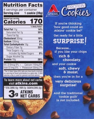 Atkins Chocolate Chip Protein Cookie, Protein Dessert, Rich in Fiber, 3g Net Carb, 1g Sugar, Keto Friendly, 4 Count - Prod...