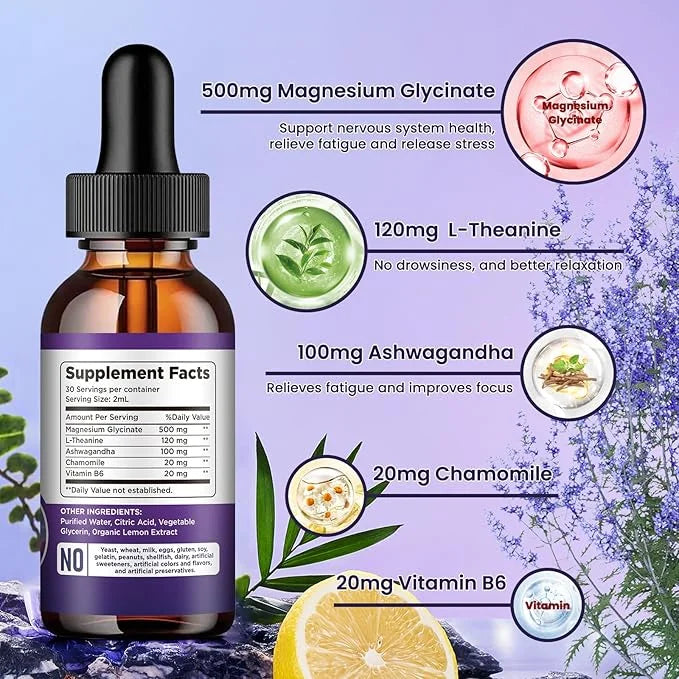 Magnesium Glycinate Supplement, Magnesium Liquid Drops 500mg Vitamin B6, Ashwagandha,