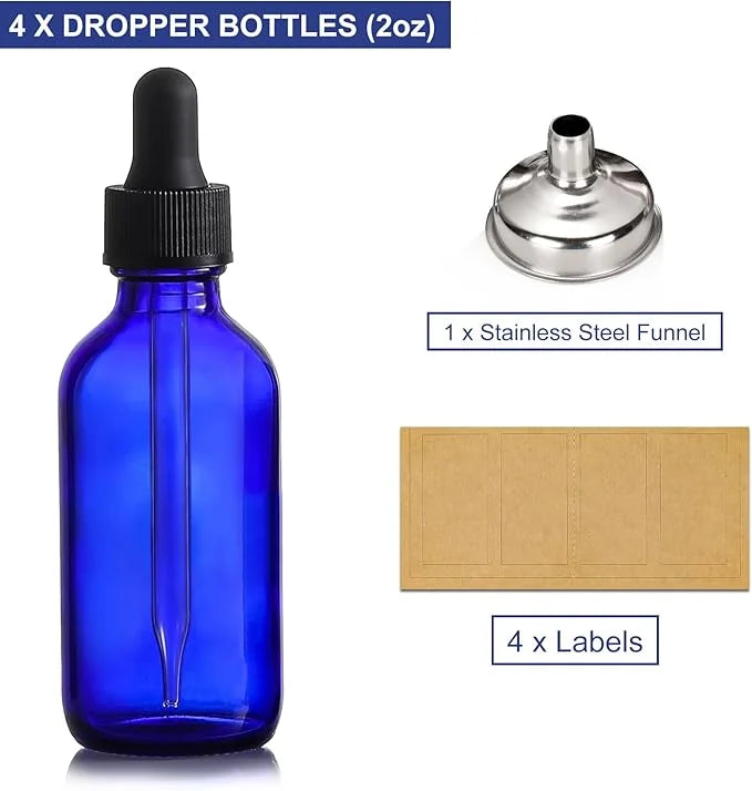 AOZITA 4 Pack, 2 oz Dropper Bottles with 1 Funnel & 4 Labels - 60ml Thick Dark Blue Glass Tincture Bottles with Eye Droppe...