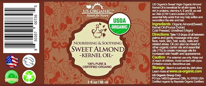 US Organic Sweet Almond Kernel Oil, USDA Certified Organic,100% Pure & Natural, Cold Pressed Virgin, Unrefined in Amber Gl...