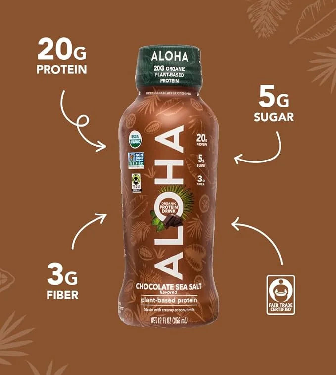 ALOHA Organic Plant Based Chocolate Sea Salt Protein Shake w/MCT Oil (12 ct, 12oz Bottle) 20g Protein, Meal Replacement, L...